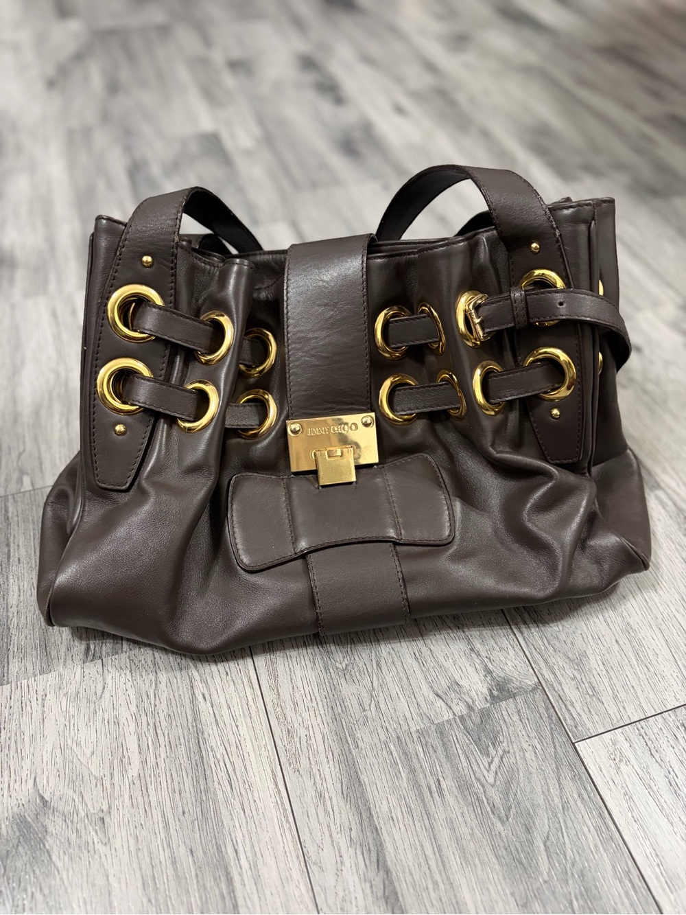 Jimmy Choo Ramona Dark Brown Leather Shoulder Bag with Gold Hardware